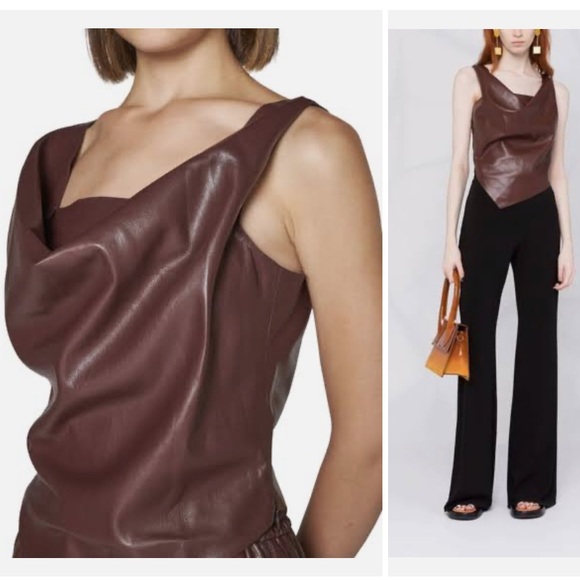 NWT Nanushka Petra Draped Sleeveless Asymmetrical Tank Top Brown Vegan Leather - Picture 5 of 16